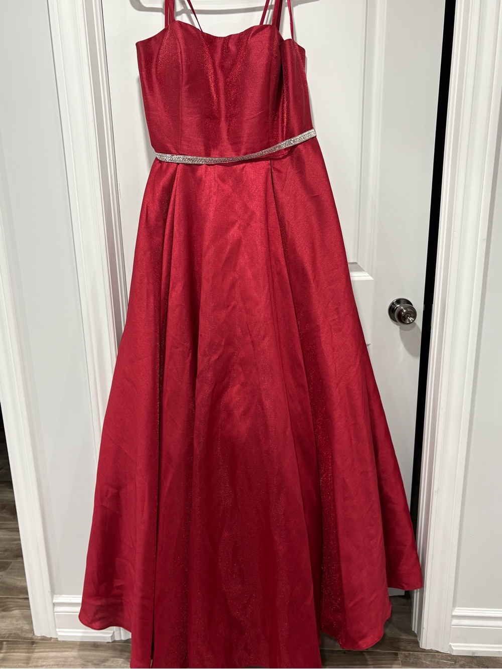 Red Satin A-Line Formal Gown with Sparkle Waist